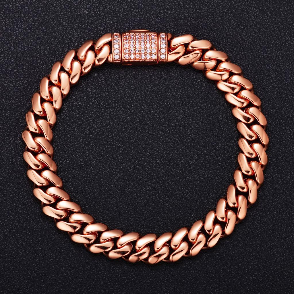 8mm Brass Zircon Real Gold-Plated Hip-Hop Smooth Cuban Chain Trendy Personalized Unisex Bracelet Jewelry Cross-Border Europe