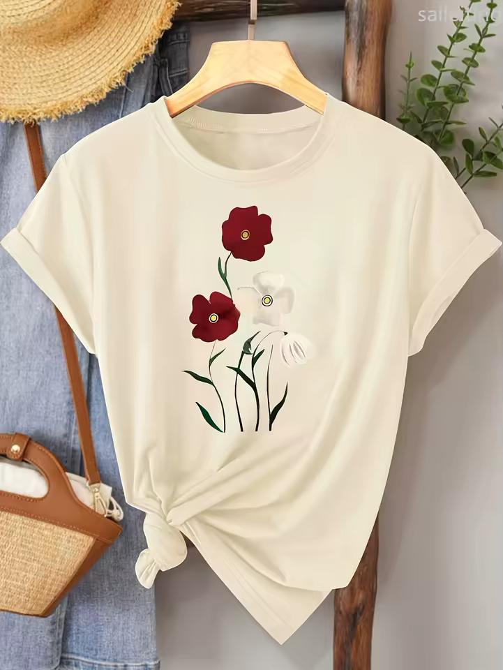 Ladies' Red Rose Pattern Tshirt Comfortable and Casual Short Sleeved Round Neck Suitable for Daily Wear and Fashion Matching Y2K