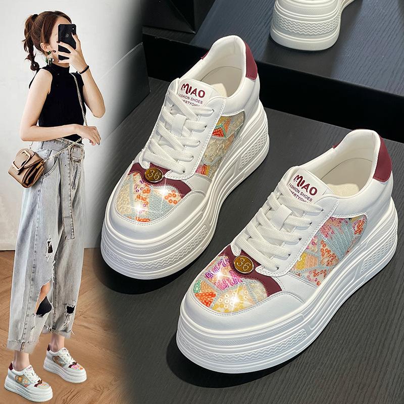 Board shoes women's 2026 spring new 9cm sponge sole breathable board shoes Korean version genuine leather mesh women's shoes