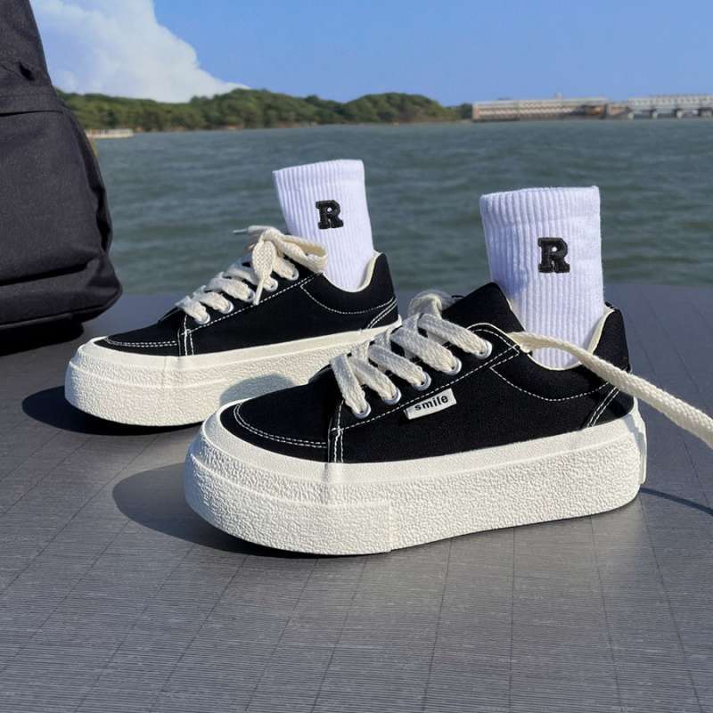 Ins Trendy Shoes Classic Black Platform Heightening Canvas Shoes Women's 2025 Summer New Korean Version Versatile Muffin Board Shoes
