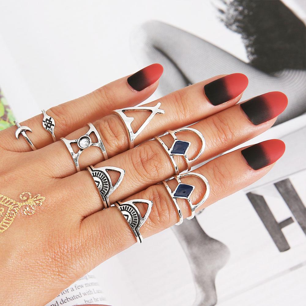 Vintage Bohemian Ancient Silver Moon Drip Oil Rhombus Cross Double Layer Ring Totem 8-Piece Ring Set