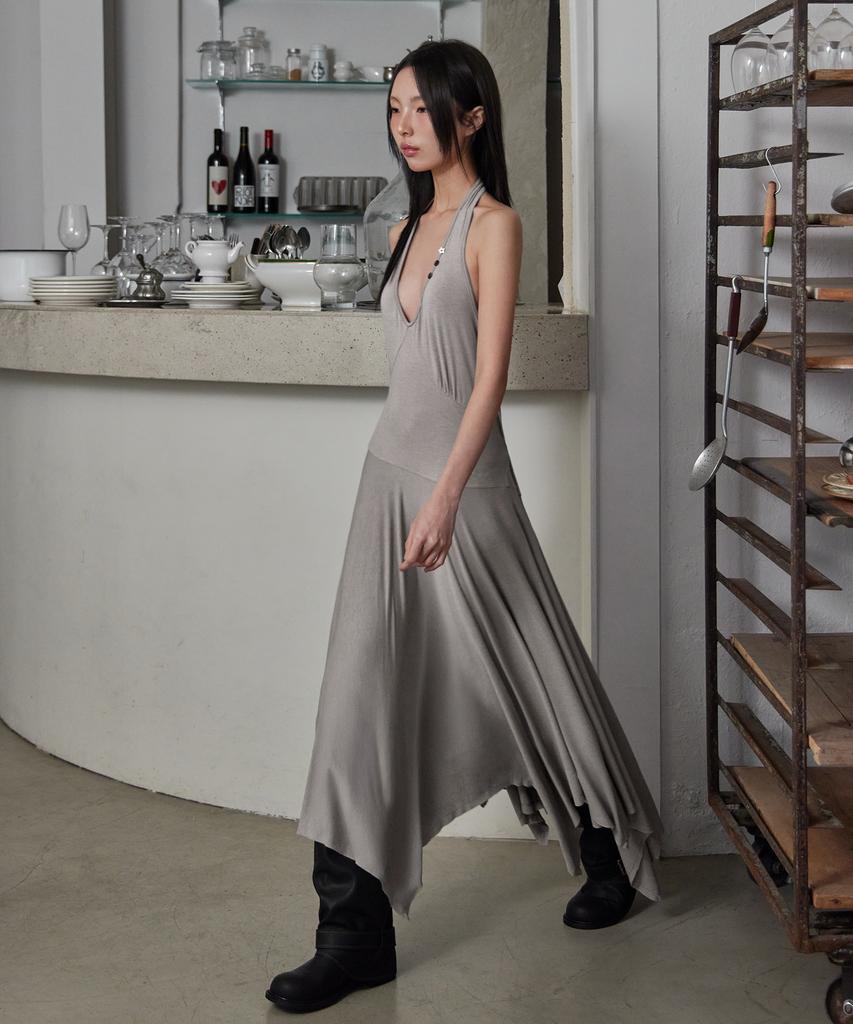 Leondeondada Halter Unbalanced Draped Dress, G.Beige