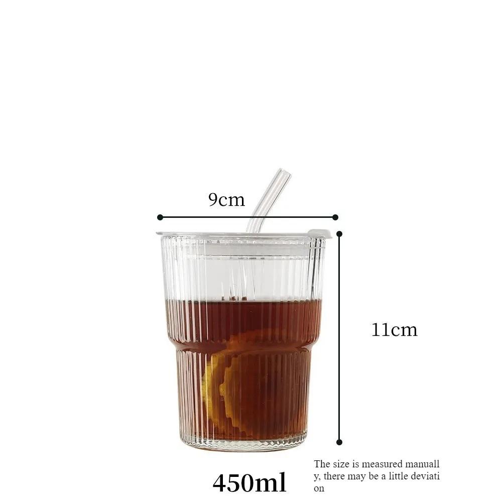 2 Pack of 450ML/15 Oz Vertical Fluted Glassware with Lids and Glass Straws Durable Lead-free Glassware for Everyday Use