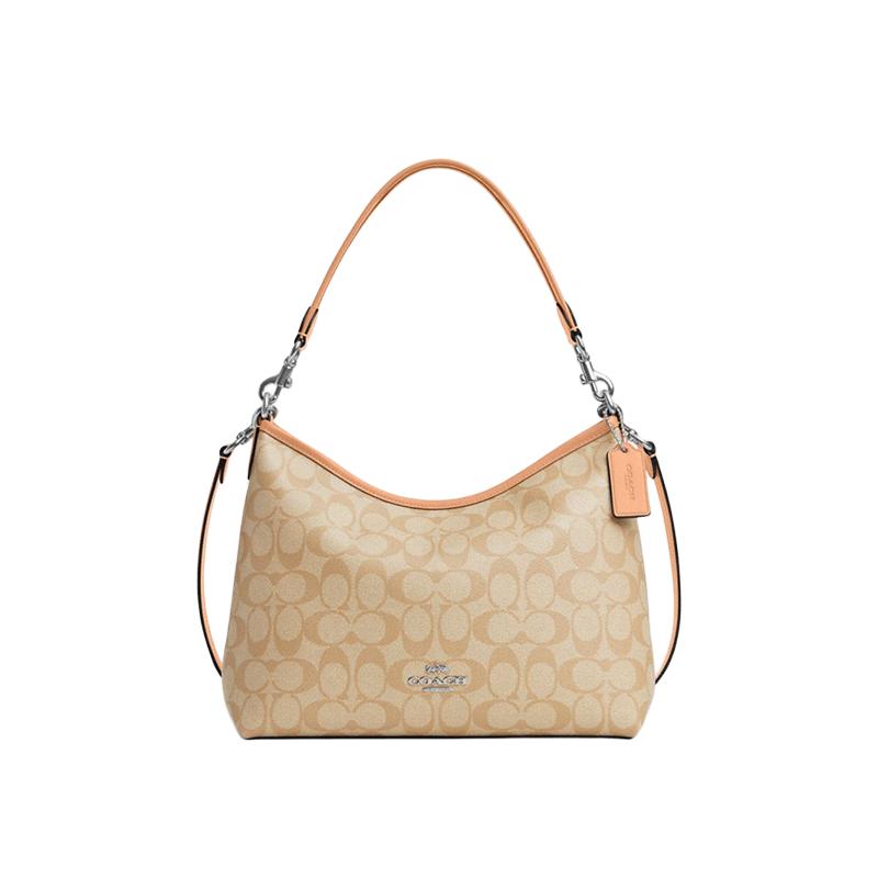 

COACH Laurel 31 branded silver logo coated canvas and smooth leather shoulder tote large women s brown срібний