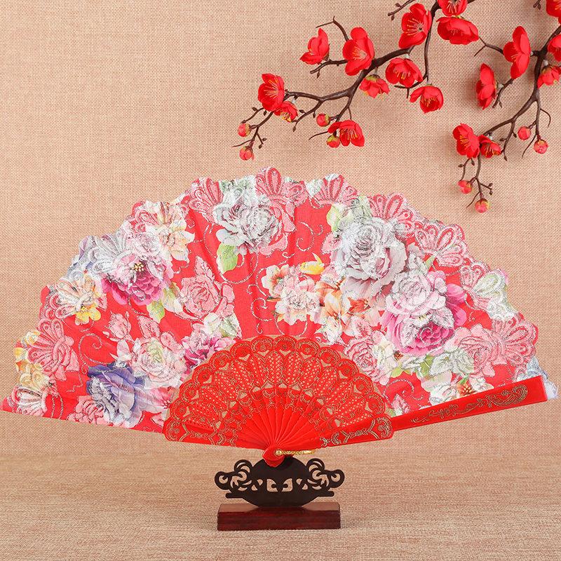 1PC Silk Fan Decoration Fans Floral Pattern Dance Tassel Vintage Folding Fan Hand Fan