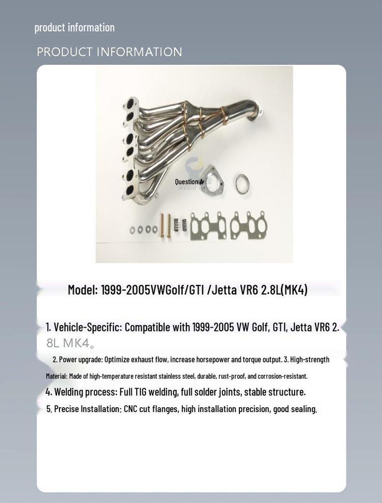Stainless Steel Exhaust Manifold for 99-05 VW Golf GTI/Jetta VR6 2.8L MK4
