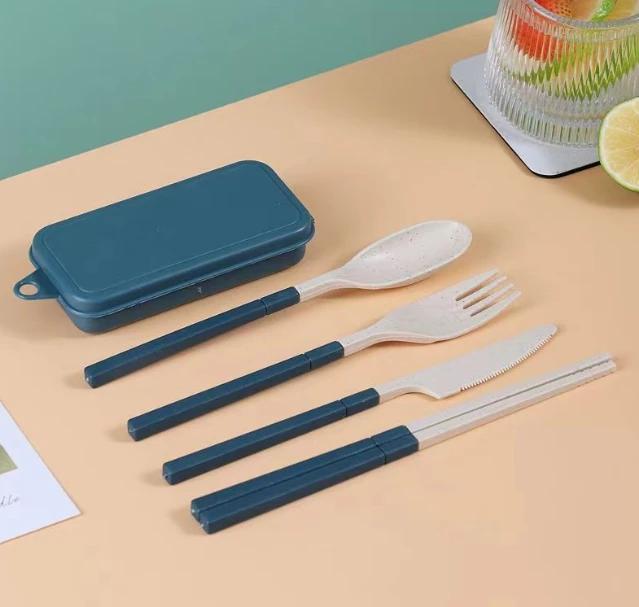 4Pcs Wheat Straw Dinnerware Set Portable Tableware Knife Fork Spoon Chopsticks Set Travel Cutlery Eco-Friendly Utensil Box