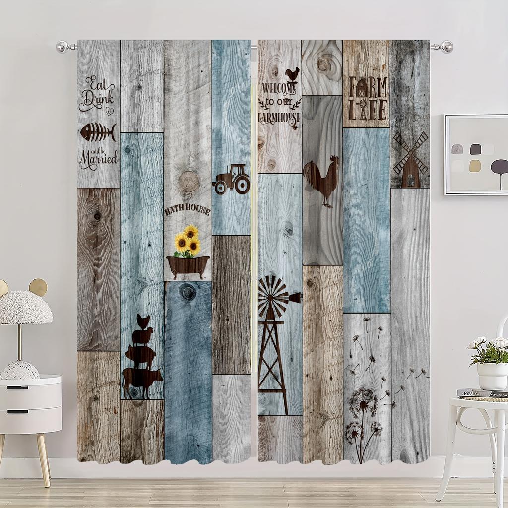 2pc Home Decor Curtains Wood Floor Printed European Style Decor, Modern Printed Curtain Rod Pocket,For Kitchen  Living Room