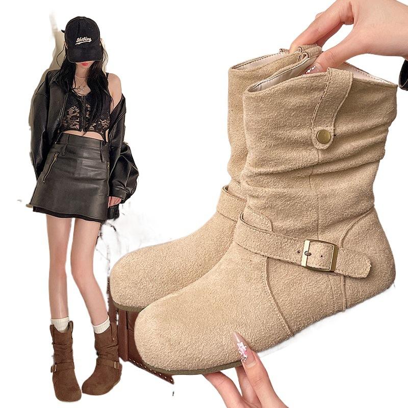 2025 New Autumn Retro Suede Western Cowboy Boots Martin Boots, Women's Shoes Single Boots, Two Small Boots
