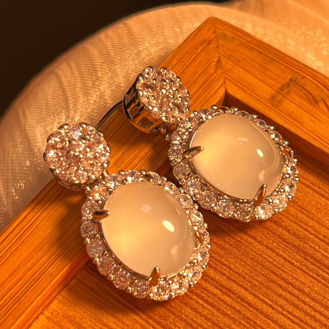 Jade White Ice Light Natural White Chalcedony Earrings Agate Studs, Real Shot