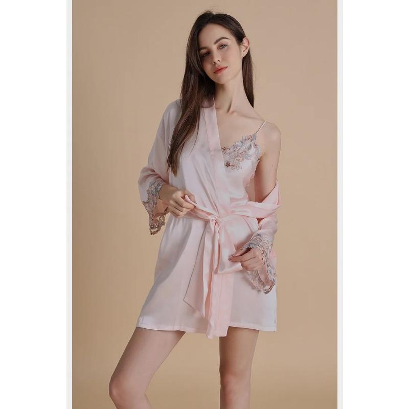 Langärmeliges Seiden 2-teiliges Nachthemd-Set Besticktes Spitzen-Nachthemd Damen Maulbeerseiden-Nachthemd Krepp-Satin-Bademantel