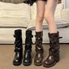In Autumn and Winter 2025, the New Thick Sole Will Increase by 6cm~ Fashionable Belt Buckle Square Round Head Pleated Medium Tube Knight Boots Women