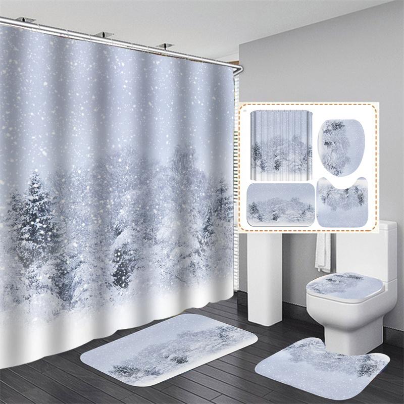 Santa Vánoční sada sprchových závěsů Vanová předložka Protiskluzový koberec Koupelnová přepážka Vodotěsná Domácí dekorace Cortinas Para Ba ñO
