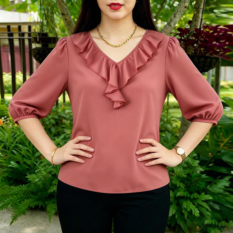 ZANZEA Women Ruffles V-Neck Solid Color Loose 3/4 Sleeve Blouse