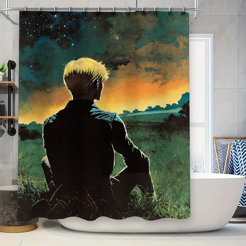 

Modern Bathroom Shower Curtain featuring a Starry Sky Landscape with a Young Man Sitting in Nature High-Quality Printing Perfect 90x180cm
