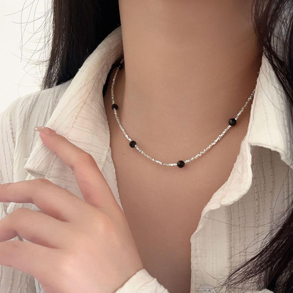 S925 Sterlingsilber Schwarzer Achat Perlenkette Set - Herbst/Winter Choker