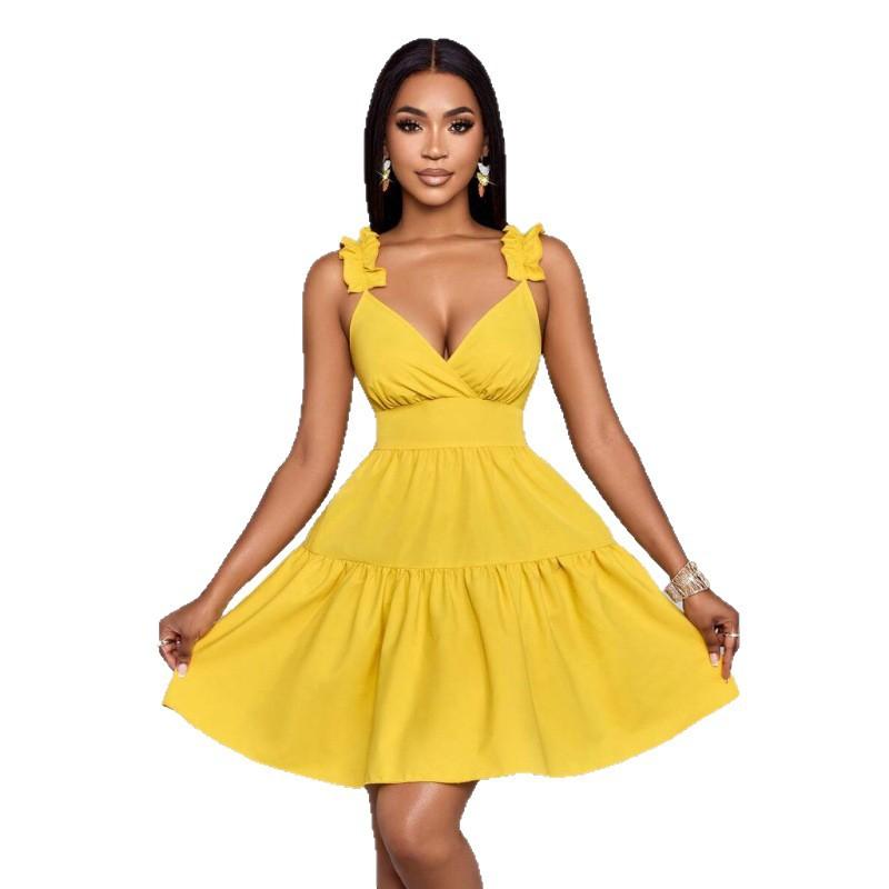 European summer new fashion solid color loose casual backless V-neck sleeveless short dress