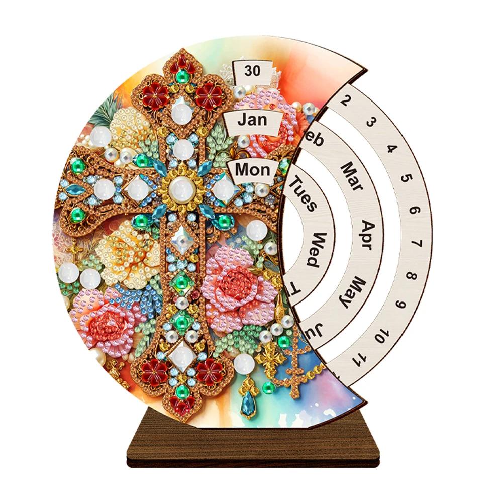 Wooden Special Shaped DIY Diamond Painting Moon Perpetual Calendar Diamond Handmade Rotating Calendar Desk Decor for Beginners