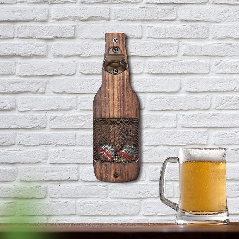 Wall Mounted Bottle Opener with Cap Catcher Creative Beer Opener for Kitchen Bar Wall Decoration Hanging Bottle Storage Basket