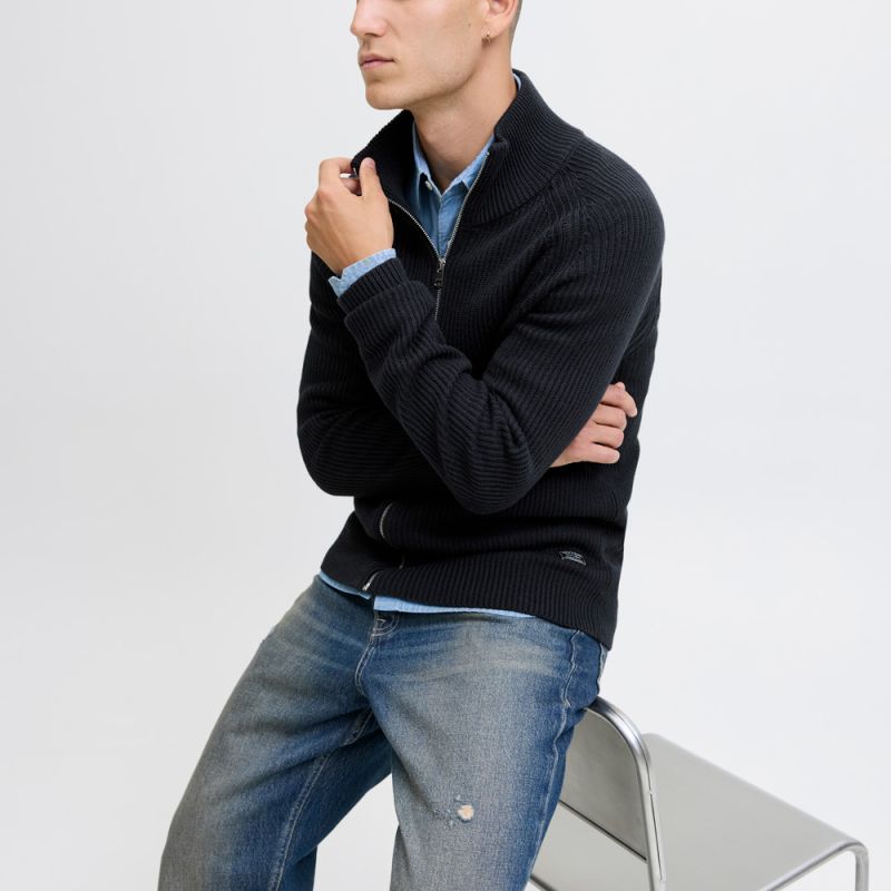 Gilet zippé en maille tricoté avec col cheminée Homme JACK & JONES