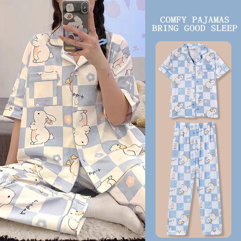 Japanese Kitty Cat Pajamas Women's Summer Thin Short-sleeved Trousers Loose Plus Size Girl Raw Loungewear Set
