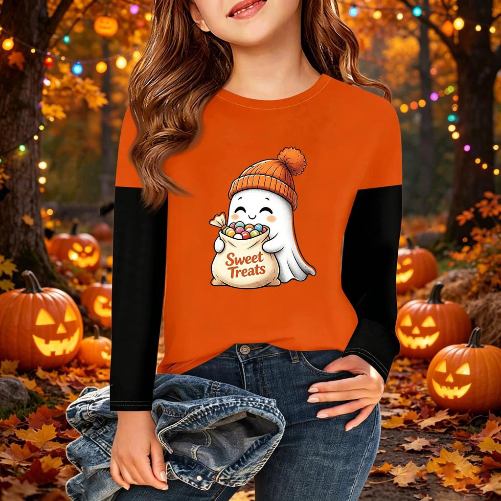 Kids Halloween Print Long Sleeve Neck T-Shirt Casual Top for Boys Girls