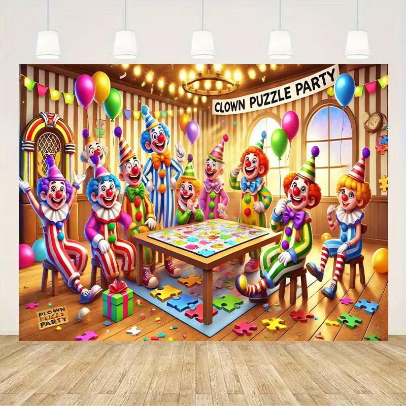 2D Flat Print Clown Puzzle Party Backdrop Colorful Circus Clowns Photography Background