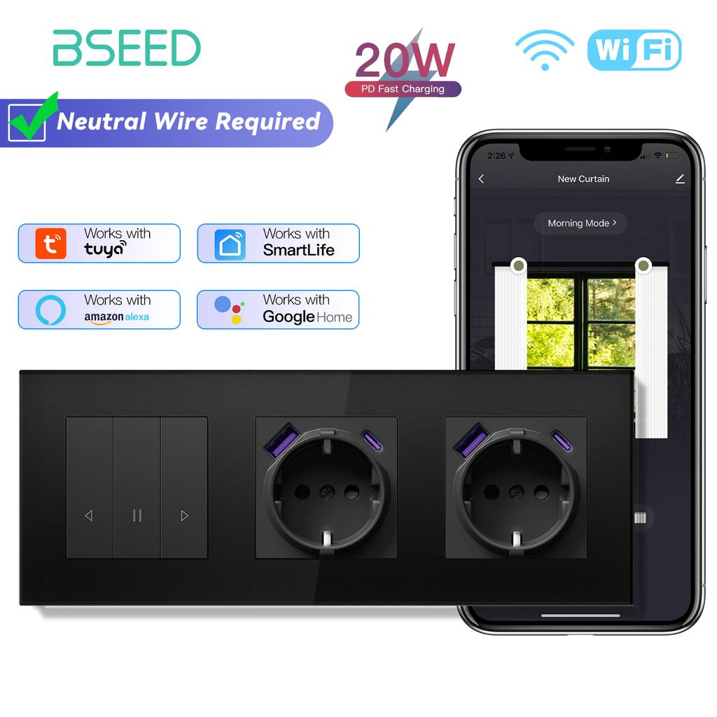 BSEED Smart Curtain Switch Series Wall WIFI Click Switches Yellow Backlight Glass Frame Tuya APP Switch EU Wall Sockets with USB