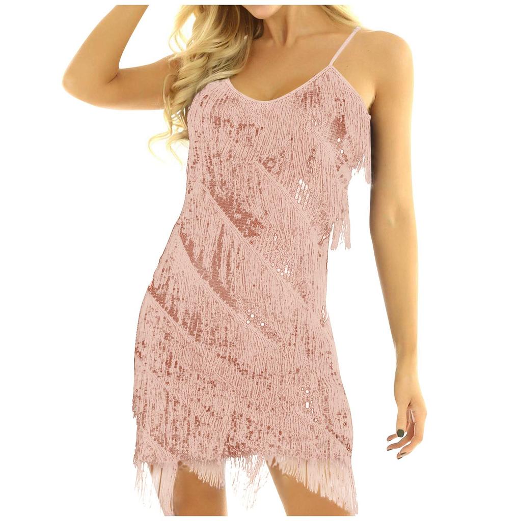 Vestido de mujer de color liso sin mangas con lentejuelas y borlas estilo concierto