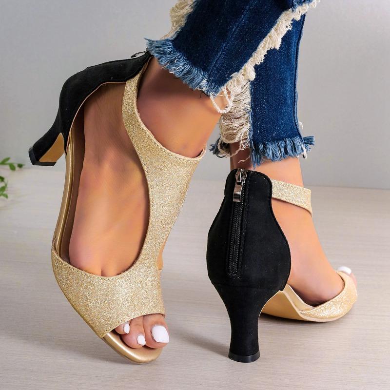 Sandale damă cu vârful deschis, sandale de damă cu toc mediu și fermoar, culori mixte, la modă, 2024