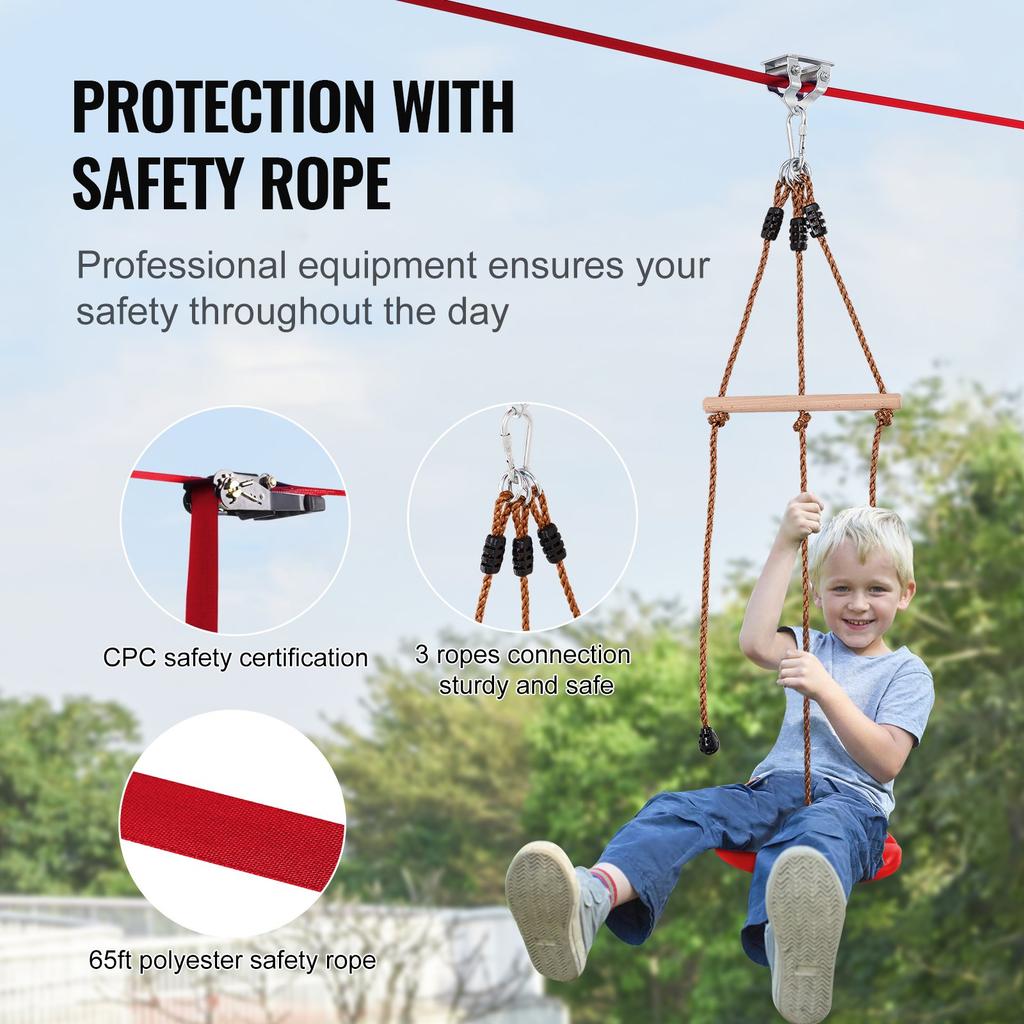 VEVOR Kit Zipline per Bambini e Adulti, Kit Zipline da 65 piedi Fino a 500 libbre, Zipline da Giardino per Esterno Montaggio Rapido, Intrattenimento per Parco Giochi con Zipline