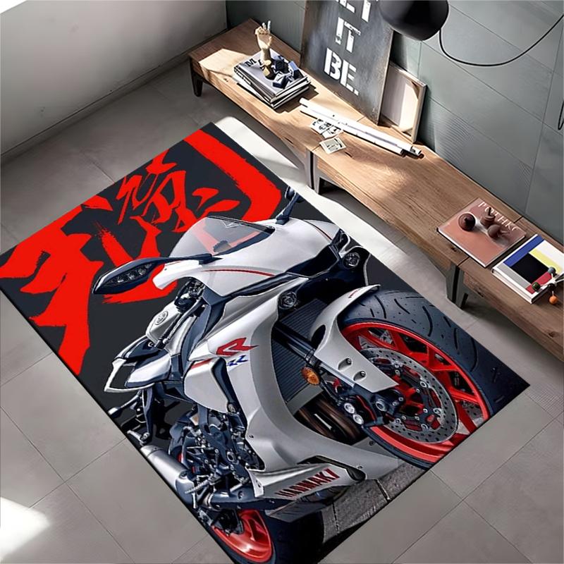 Area Rug, Kawasaki Ninja White Red Sport Bike Japanese Calligraphy Motorcycle Print, Man Cave Decor, Non-Slip Mat
