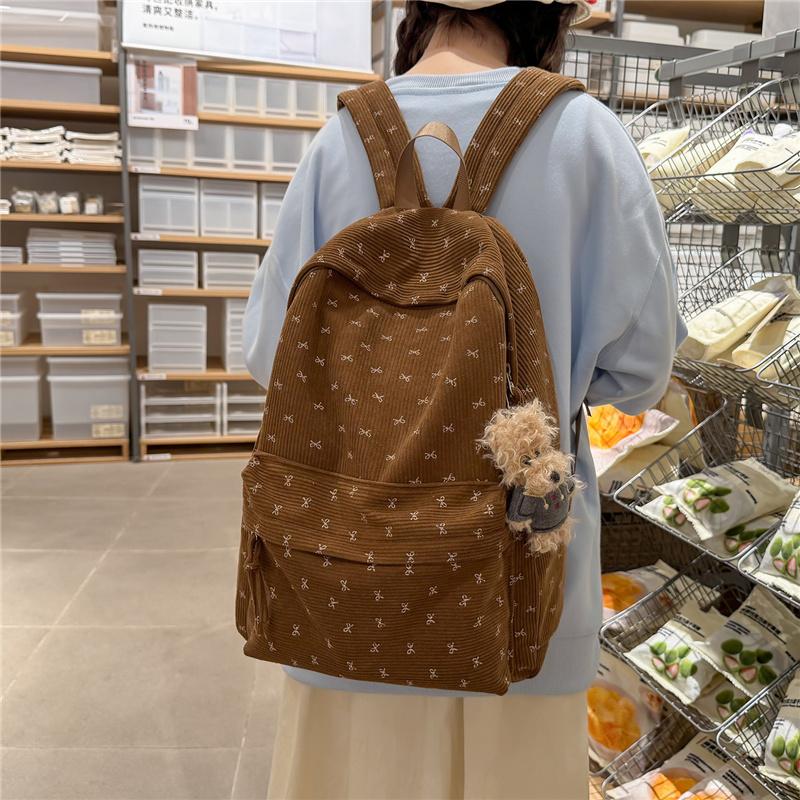 Cute Corduroy Backpack for Women School Bag Lightweight Daily Use Bookbag