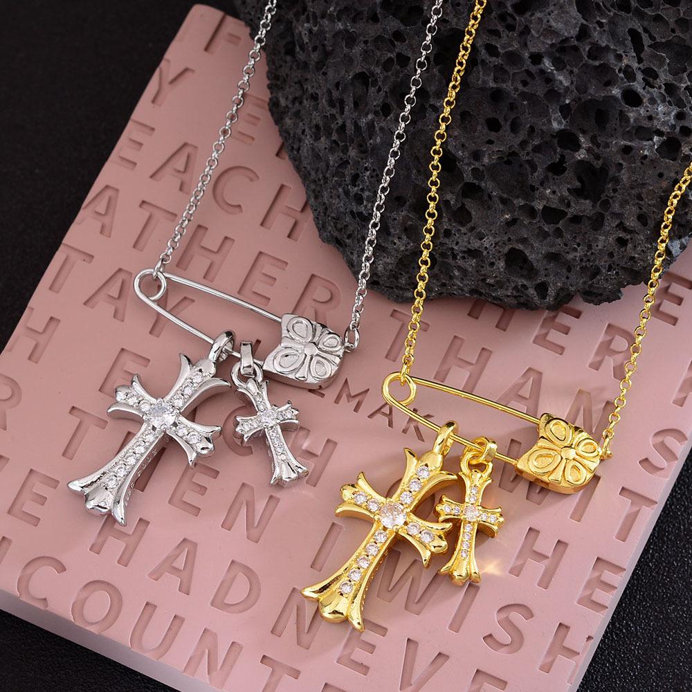 Pin Cross Pendant Necklace Niche Light Luxury High-End Flash Trading Zircon Paper Clip Clavicle Chain Accessories