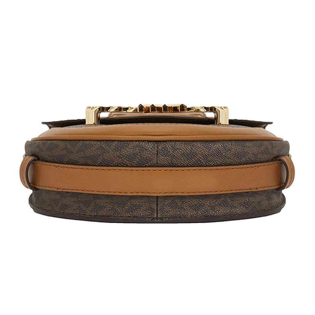 Michael Kors Hally Classic Monogram Print Color Block PVC Saddle Bag Women Shoulder Bag Dark-Brown Acorn-Brown 30H1G2HM6B-BRN-ACORN