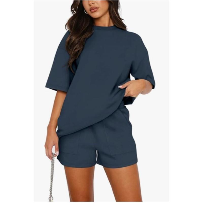 Fashion Summer Solid Casual Suit Elegant Casual O Neck Short Sleeve Short Pants Set Of 2 Pieces Holiday Womens Clothing