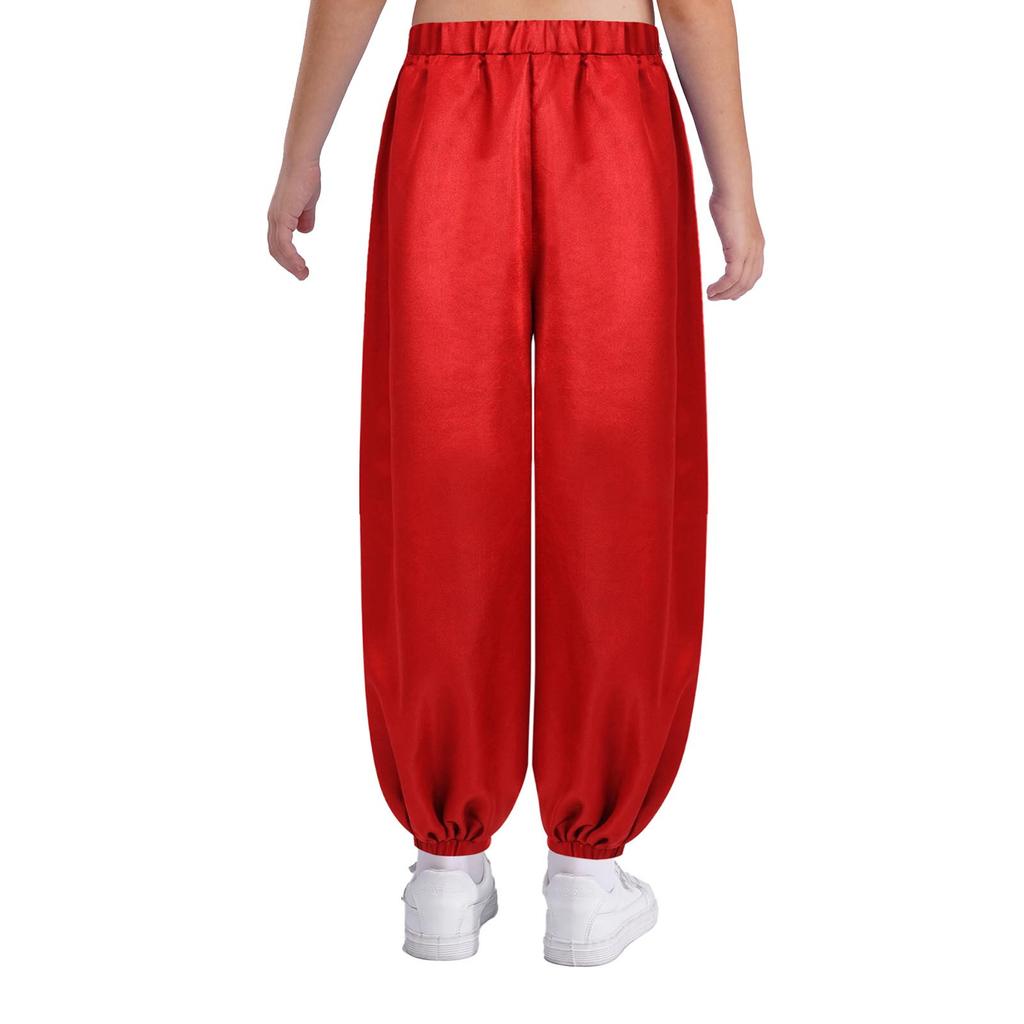 Girls Satin Bloomers Belly Dance Pants Elastic Waistband Loose Fit Solid Color Performance Outfit
