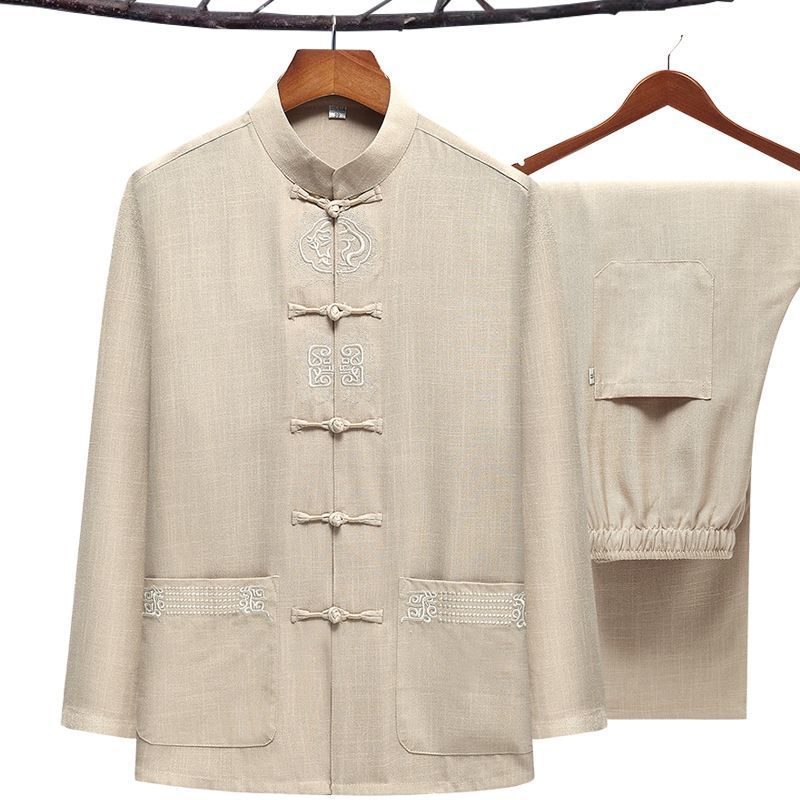 Pánská nadměrná velikost Kung Fu Suit Výšivka Tang Suit Jaro Podzim 2ks Košile a Kalhoty Čínské tradiční Tai Chi oblečení 3XL 4XL 5XL