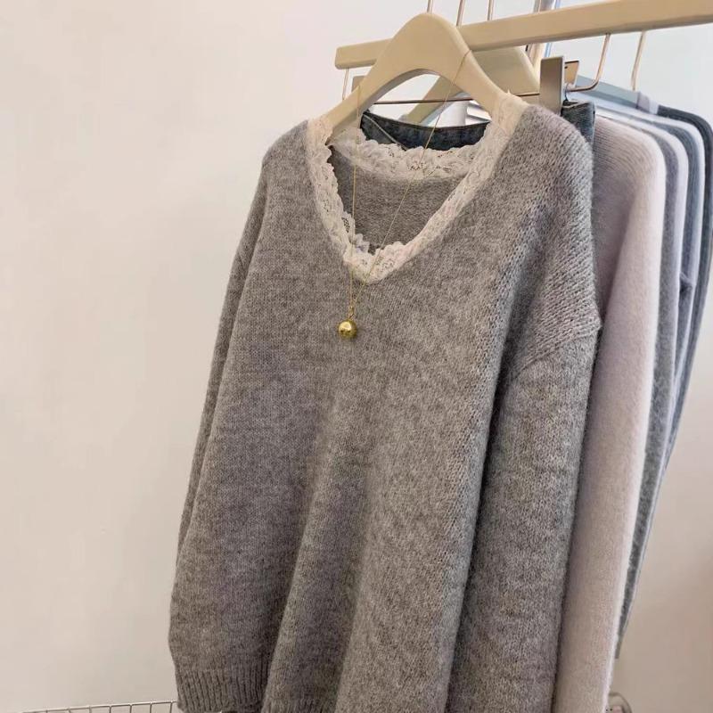 Gray V-neck Pullover Outside Sweater Women's Autumn and Winter New Lazy Wind Thickened Design Top Medium and Long