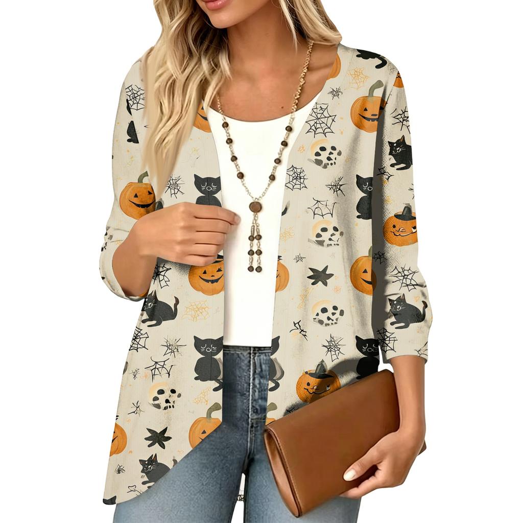 Cardigan décontracté léger ample à manches 3/4 imprimé pour femme pour Halloween