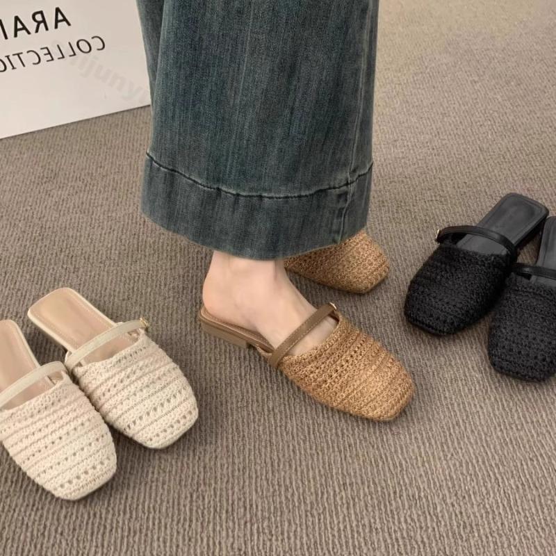 Fashion 2025 Summer Thick Heel Fashion Hollow Women's Toe Half Slippers Comfortable Outdoor Beach Casual Woven Fesign Wedge Heel Sandals
