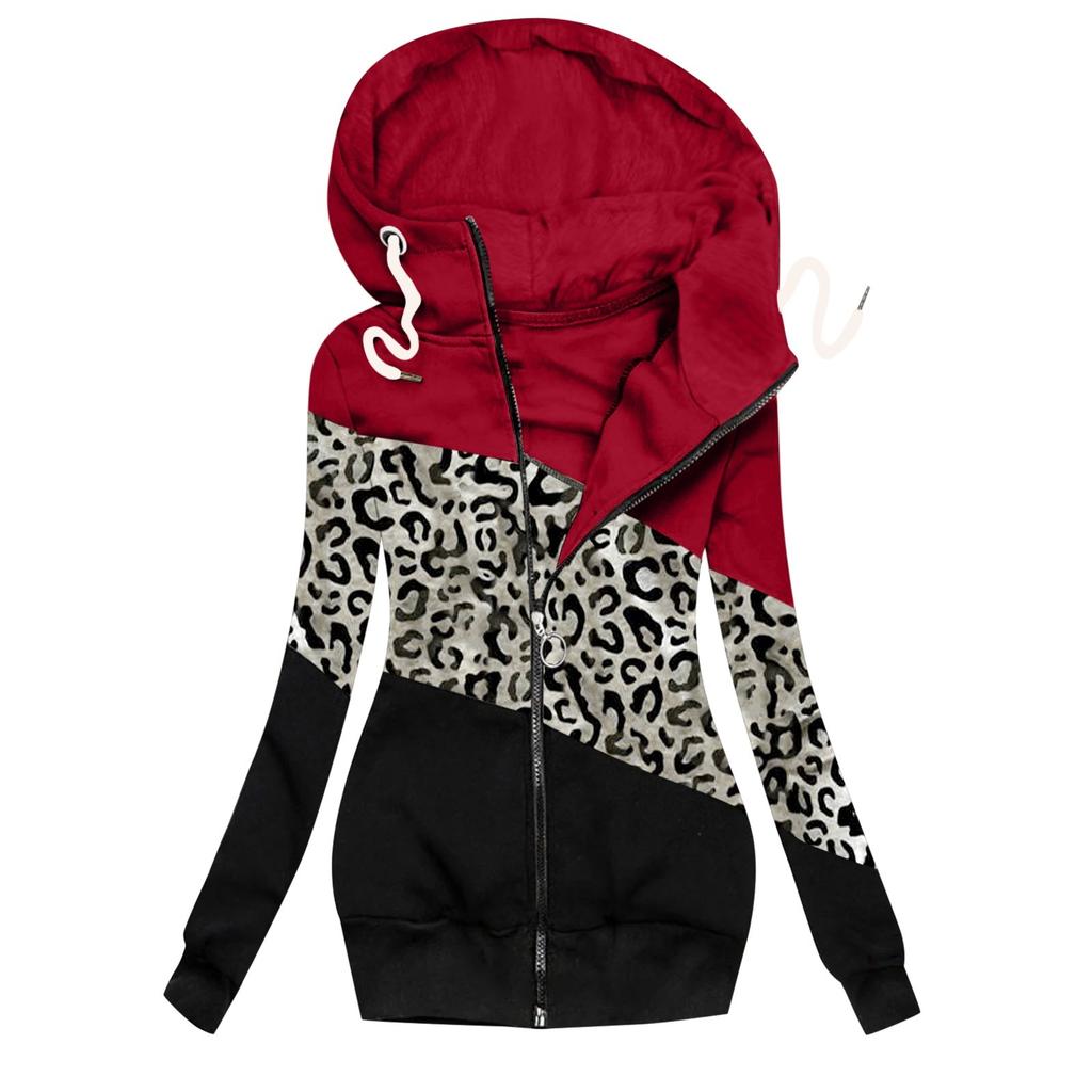 Women Winter Casual Leopard Prints Jacket Zipper Sweatshirt Long Sleeve Coat