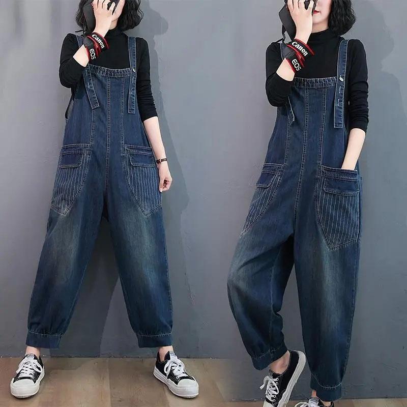 

Women Korean Denim Jumpsuits Loose Wide Leg Cargo Denim Suspenders Big Size Pockets Female Casual Overalls Straps Rompers S синій