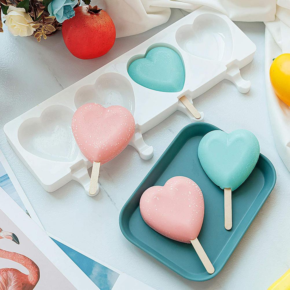 4 Cavities Ice Cream Molds 3D Heart Shape Popsicle Mold Silicone Mold for DIY Ice Cream Puree Yogurt