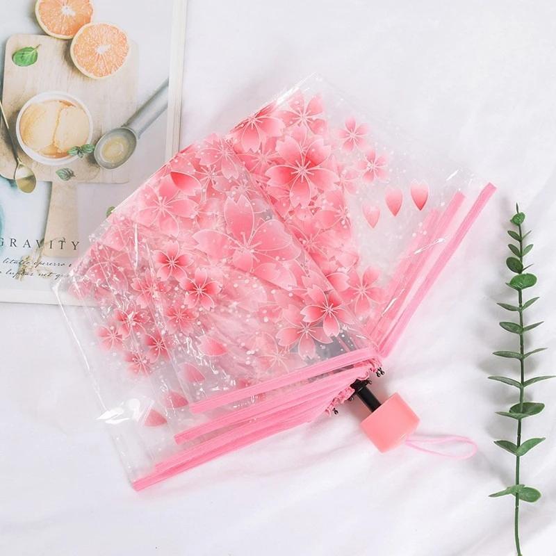 Damen Faltbarer Blume Farbverlauf PVC Dreifach Faltbarer Transparenter Regenschirm, Märchenstil Cartoon Niedlich Groß Manueller Faltbarer Regenschirm