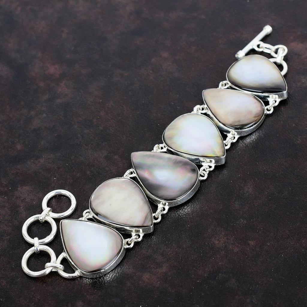 Black Mother of Pearl Bracelet 925 Sterling Silver Bracelet Adjustable Chain Gemstone Bracelet Silver Jewelry Handmade Bracelet Gift for Mom