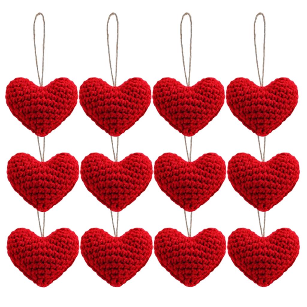 12Pcs Knitted Heart Hanging Pendant DIY Crochet Handmade Heart Tree Ornament Home Christmas Valentine's Day Wedding Party Decor
