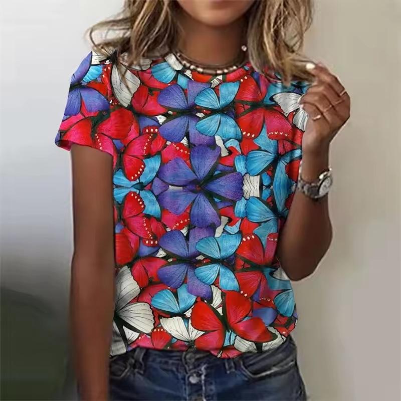 Fashion Ladies Crew Neck Short Sleeve 3D Flower Color Printed Crew Neck T-Shirt XS