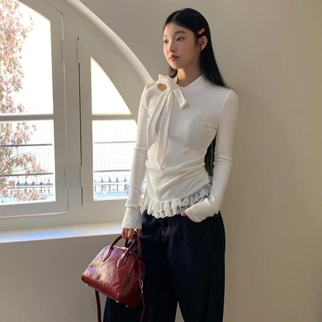 2KWEIRD Fairycore T-shirt Woman Long Sleeve Lace Up Bow Tees Female Clothing 2000s Clothes Y2k Solid Autumn Tops Casual T Shirt