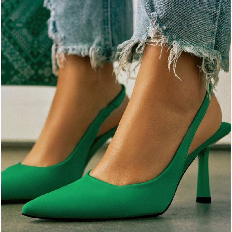 Spring Summer Fashion Solid Flock Thin High Heel Ankle Slingbacks Elastic Band Slip-On Career Party Dress Pumps 35-42